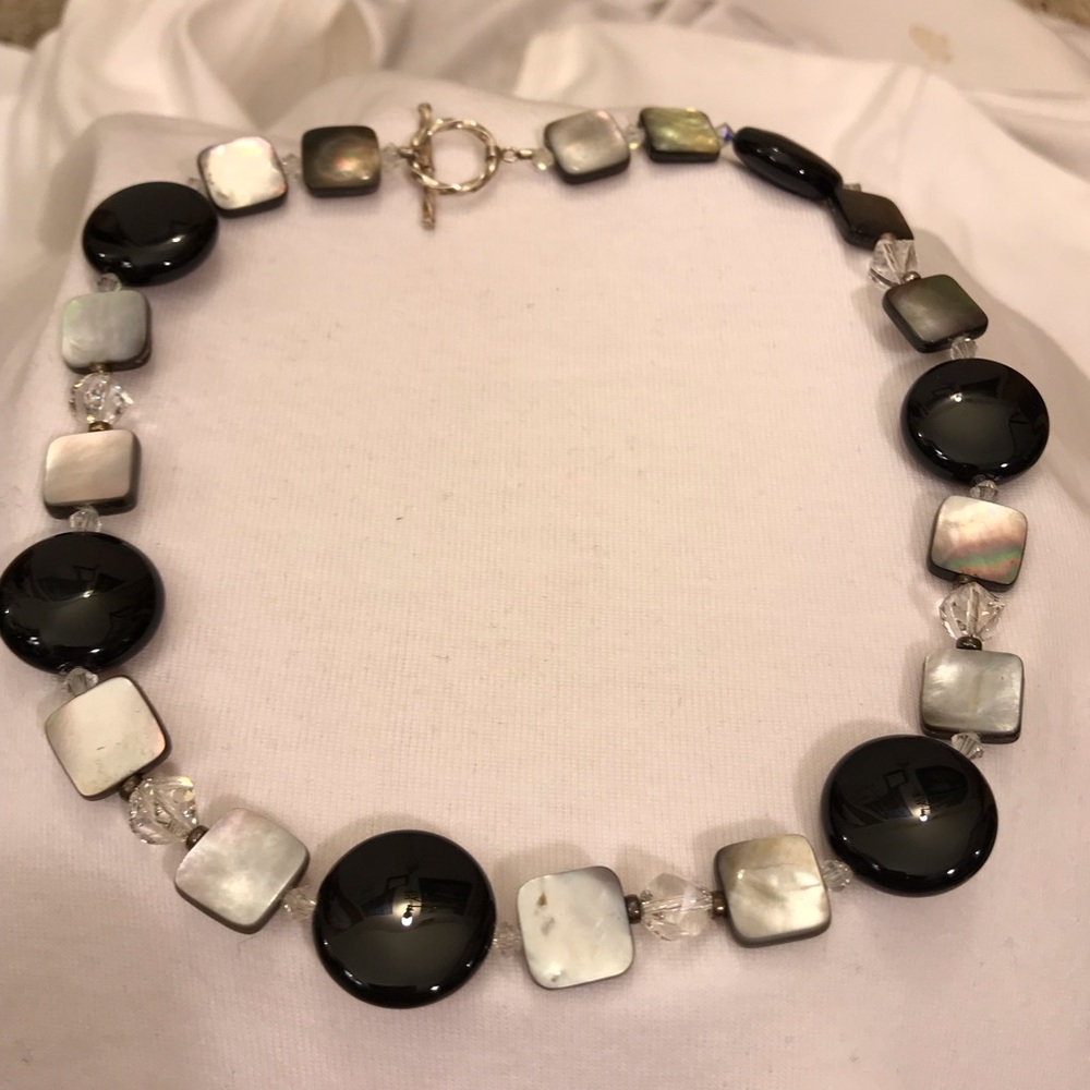 Genuine Onyx, Mother of Pearl, Swarovski Necklace